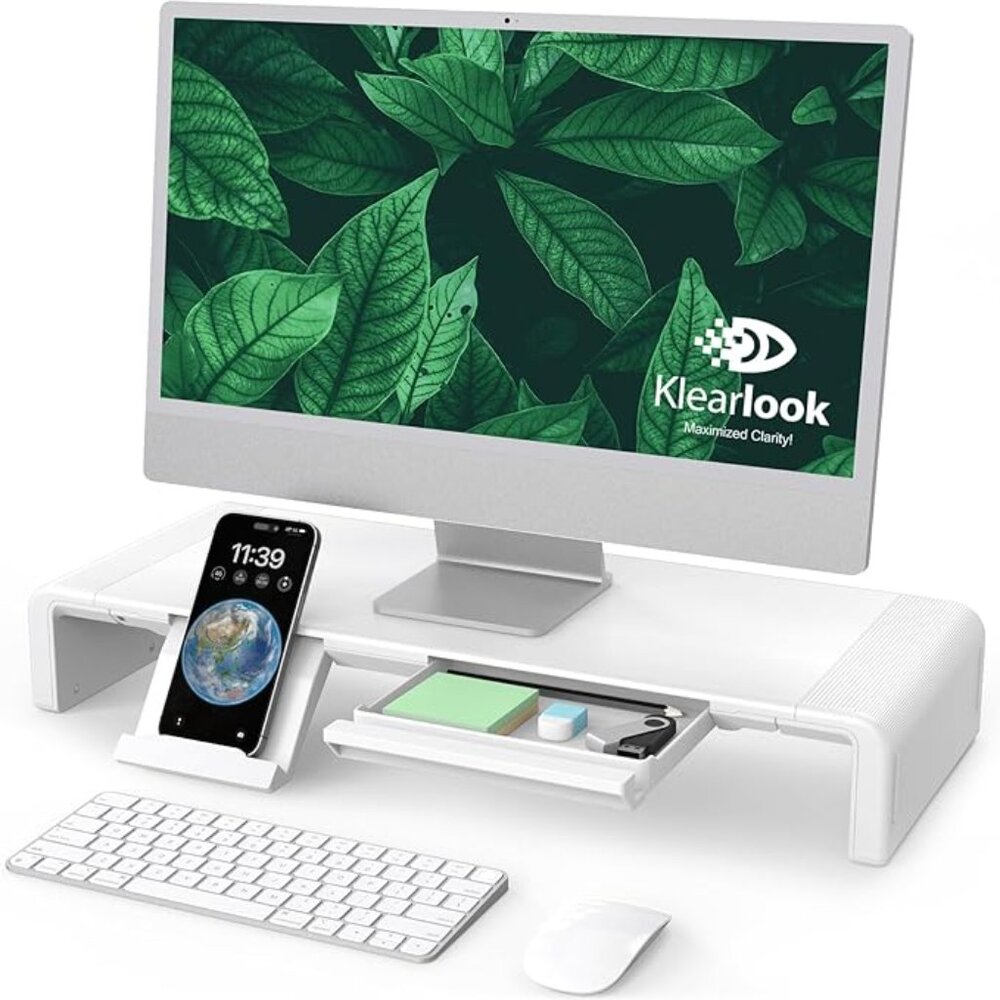 Klearlook White Foldable Monitor Stand With built - in drawer & phone Stand